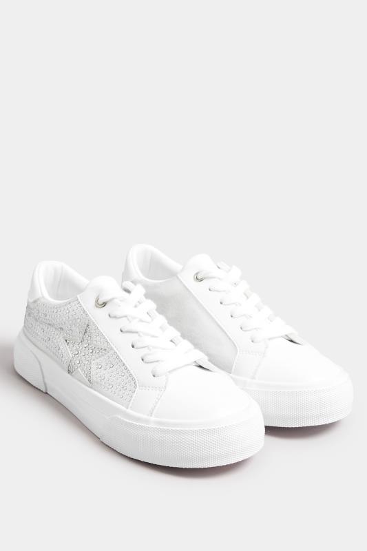Plus Size  White Diamante Star Trainers In Extra Wide EEE Fit