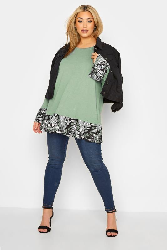 Plus Size Green Floral Print Panel Top | Yours Clothing  2