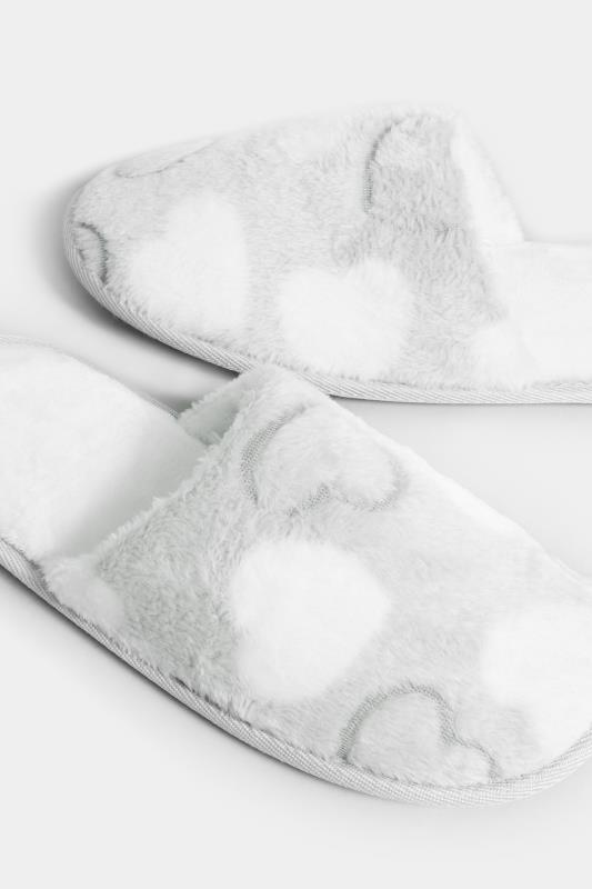 White & Grey Heart Print Mule Slippers In Extra Wide EEE Fit  5
