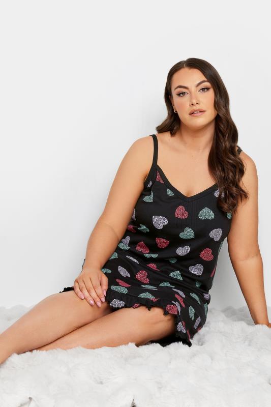 YOURS Curve Plus Size Black Heart Print Pintuck Chemise Nightdress | Yours Clothing  2