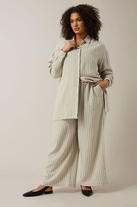  EVANS Ensemble chemise et pantalon en lin marron naturel à rayures