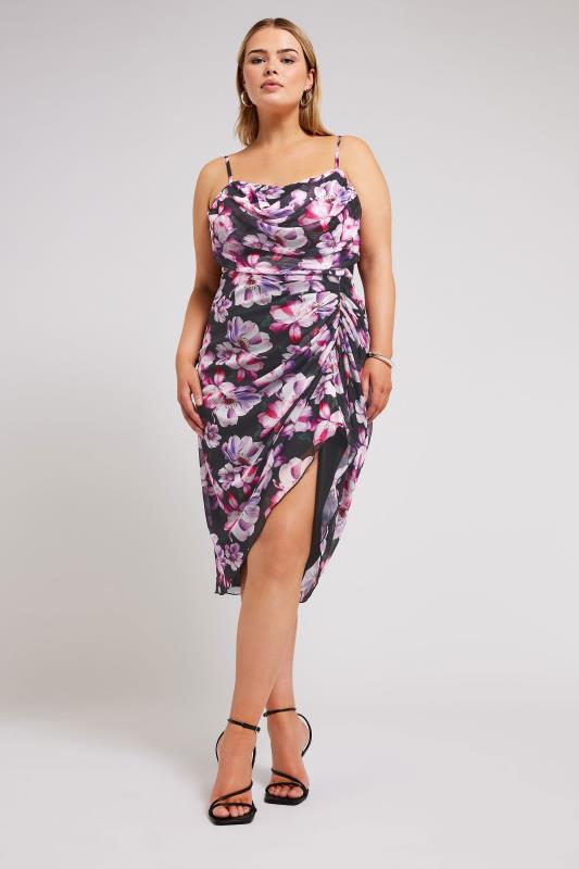 YOURS LONDON Plus Size Black Floral Print Gathered Dress | Yours Clothing  2