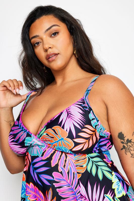 YOURS Plus Size Black Tropical Print Tummy Control Swimdress | Yours Clothing 5