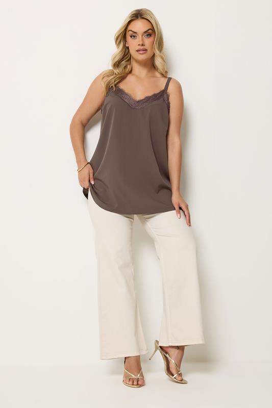 YOURS Plus Size Chocolate Brown Lace Insert Vest Top | Yours Clothing 1