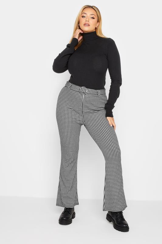 LIMITED COLLECTION Curve Black & White Dogtooth Belted Spilt Hem Flare Trousers | Yours Clothing  2