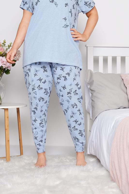 Plus Size Blue Butterfly Print Cuffed Pyjama Bottoms | Yours Clothing  1