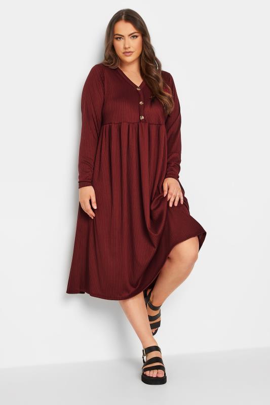 LIMITED COLLECTION Plus Size Wine Red Ribbed Midaxi Dress | Yours Clothing 2