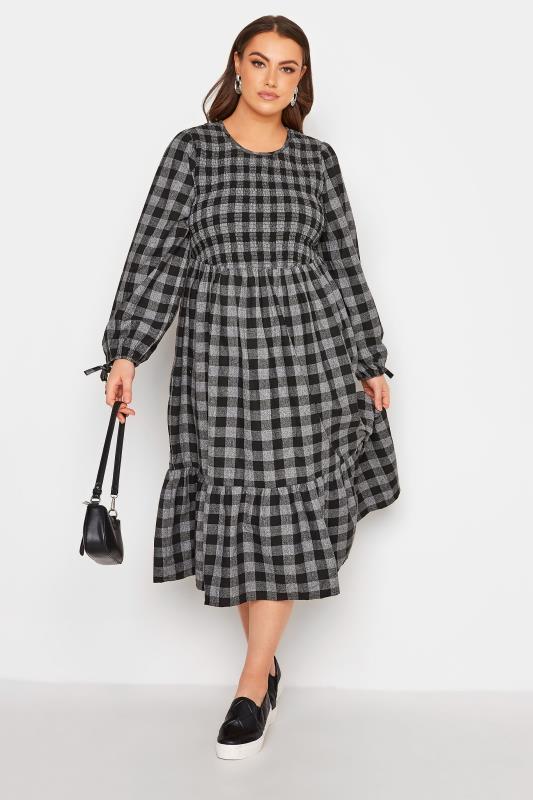 LIMITED COLLECTION Curve Black & Grey Check Shirred Dress 1