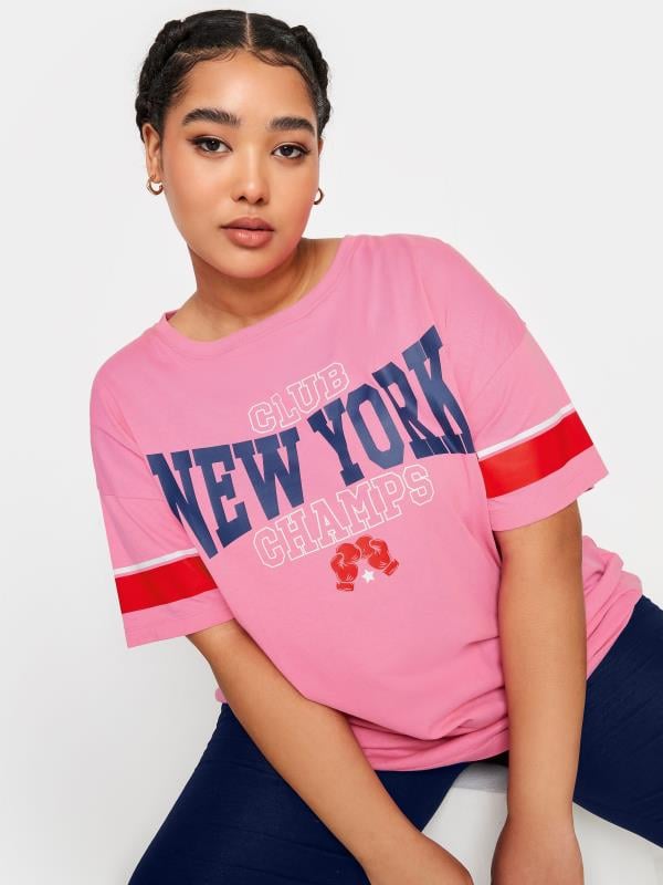 YOURS Plus Size Pink 'New York Champs' Varsity T-Shirt | Yours Clothing 3