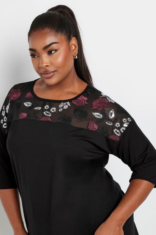 YOURS Plus Size Black & Pink Mesh Embellished Swing Top | Yours Clothing  4