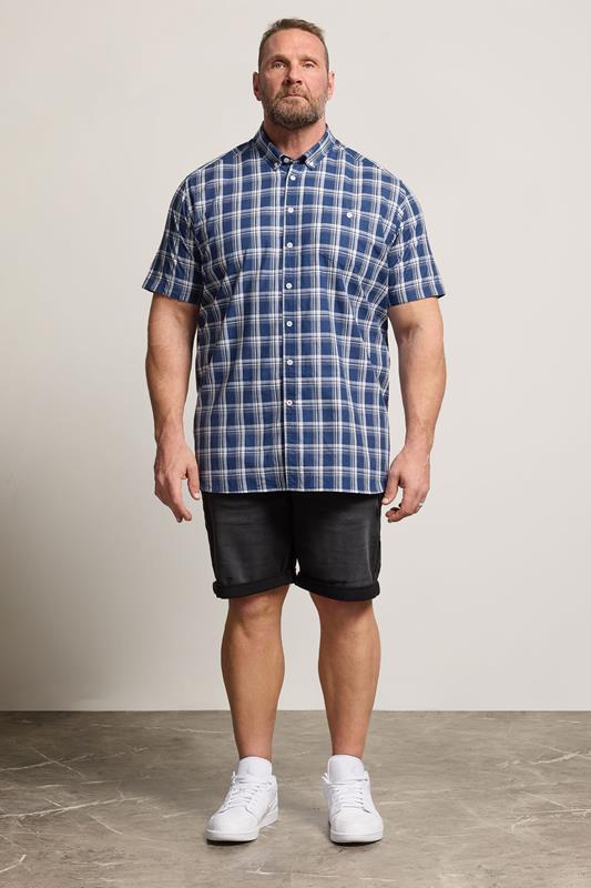D555 Big & Tall Navy Blue Check Pocket Short Sleeve Shirt | BadRhino 1