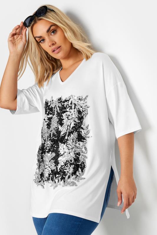 YOURS Plus Size White Abstract Print Sequin Embellished Top | Yours Clothing 1