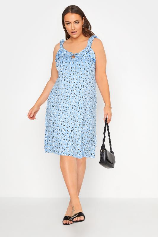 LIMITED COLLECTION Curve Blue Floral Strappy Frill Dress 2