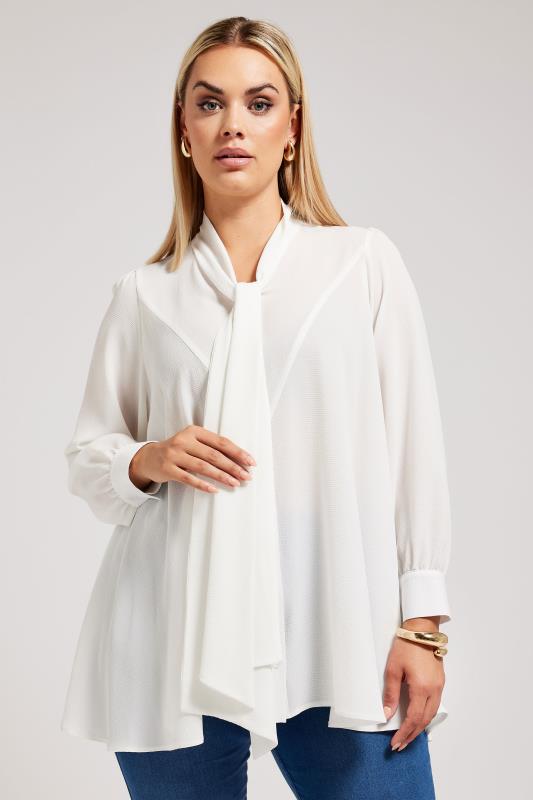 YOURS LONDON Plus Size White Tie Neck Blouse | Yours Clothing 2