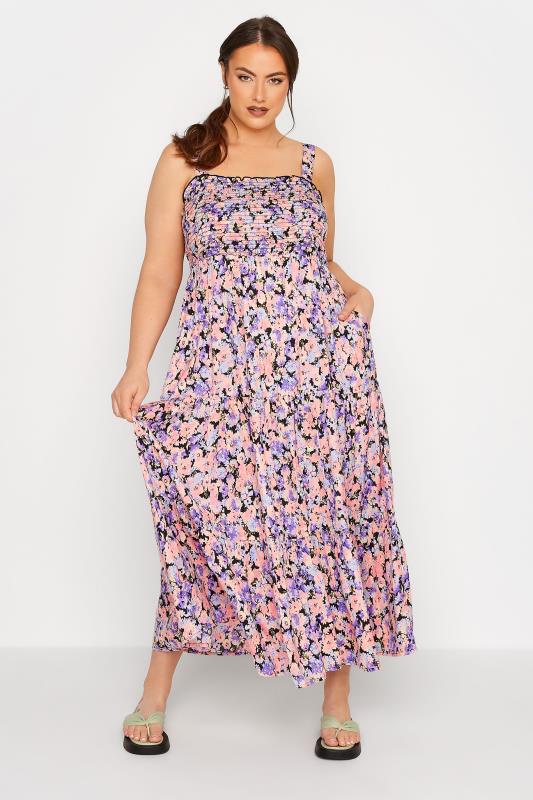 LIMITED COLLECTION Curve Black & Pink Floral Print Tiered Maxi Sundress 2