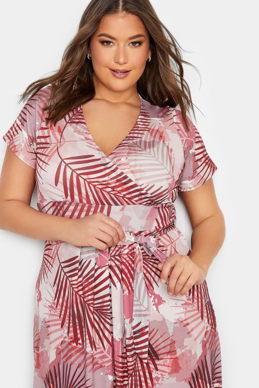 YOURS Plus Size Pink Leaf Print Wrap Maxi Dress | Yours Clothing 4