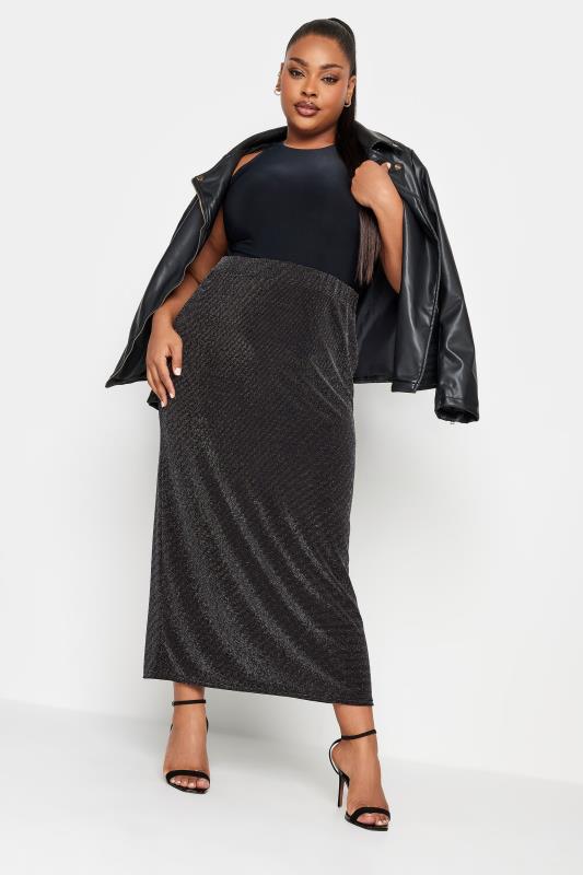 YOURS Plus Size Black Glitter Maxi Skirt | Yours Clothing 2