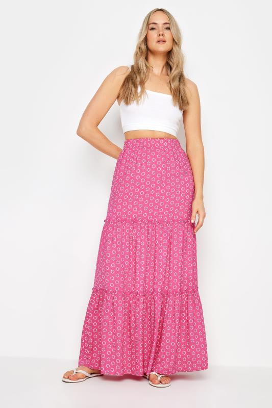  Tallas Grandes LTS Tall Pink Abstract Floral Print Tiered Maxi Skirt