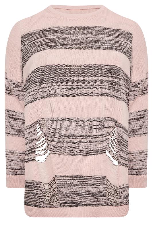 YOURS Plus Size Curve Light Pink Stripe Distressed Jumper | Yours Clothing  6