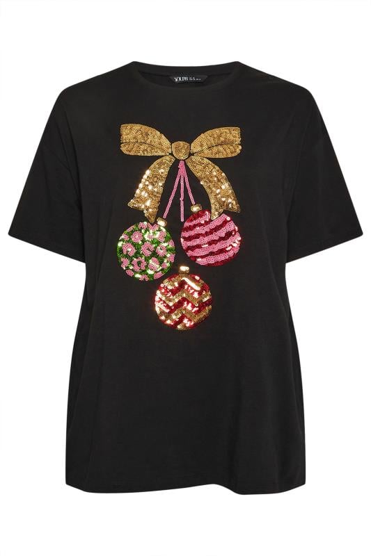 YOURS Plus Size Black Sequin Embellished Bauble T-Shirt | Yours Clothing  5