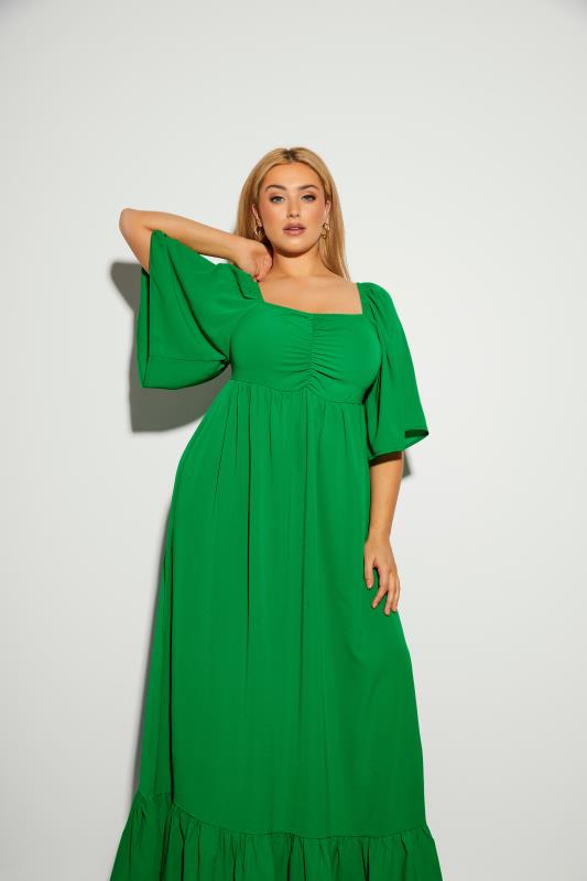 LIMITED COLLECTION Curve Green Ruched Angel Sleeve Dress 10