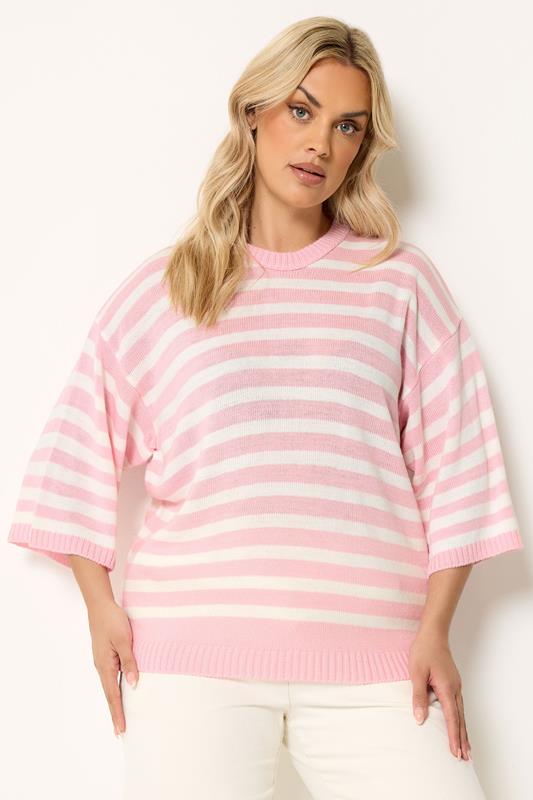  YOURS Pull en maille rose à rayures