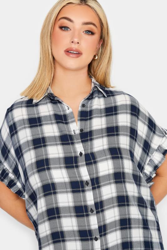 YOURS Plus Size Navy Blue Check Print Frill Sleeve Collared Shirt | Yours Clothing 4