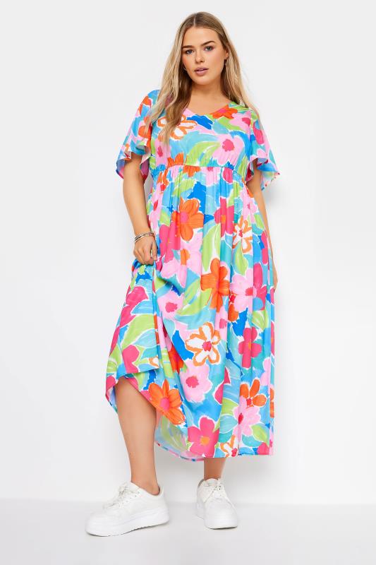 YOURS Plus Size Blue Floral Print Bow Back Midaxi Dress | Yours Clothing 1