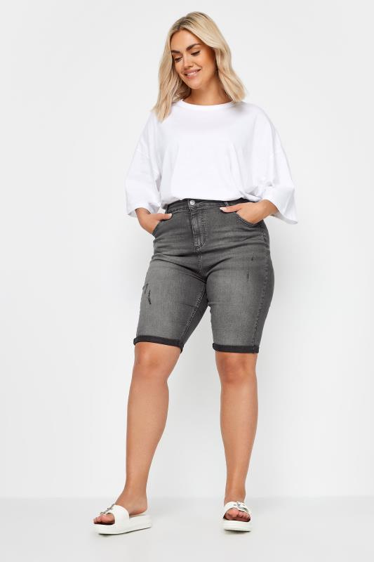 YOURS Plus Size Charcoal Grey Cat Scratch Stretch Denim Shorts | Yours Clothing 2