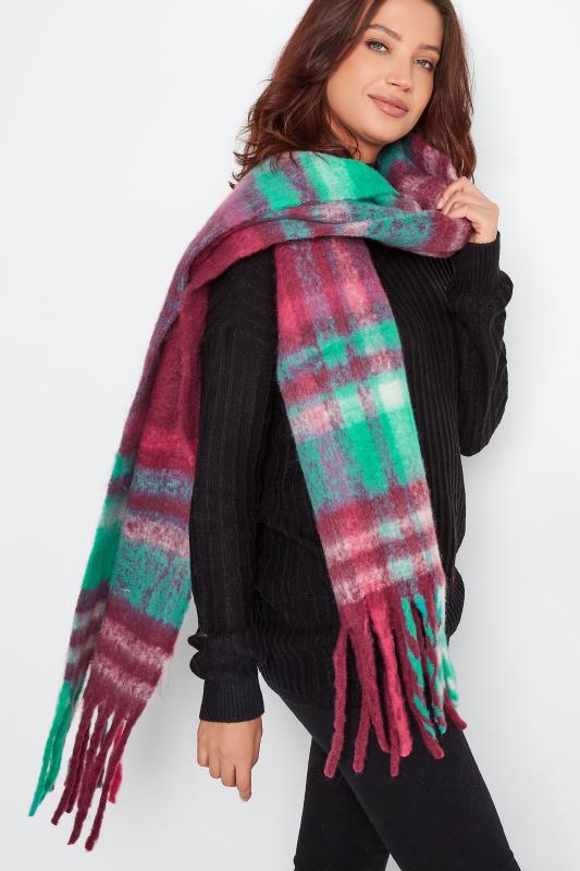 Plus Size  Yours Pink & Green Check Chunky Tassel Scarf