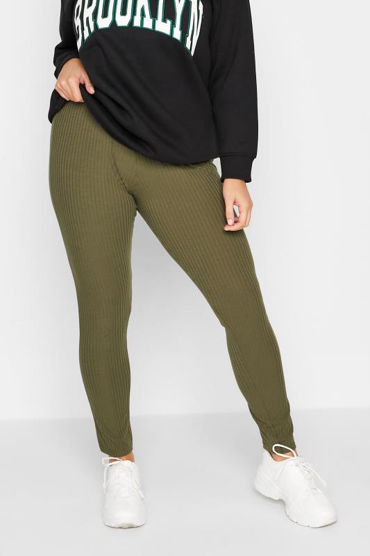 LIMITED COLLECTION Plus Size Khaki Green Ribbed Leggings | Yours Clothing 1