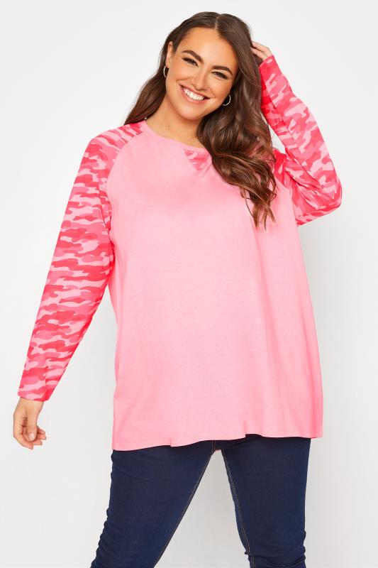 Plus Size Pink Camo Print Long Sleeve T-Shirt | Yours Clothing 1