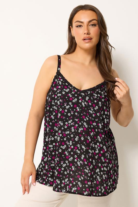  YOURS top sin mangas negro con ribete floral
