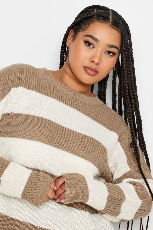 YOURS Plus Size Brown Stripe Ribbed Knit Jumper | Yours Clothing 5