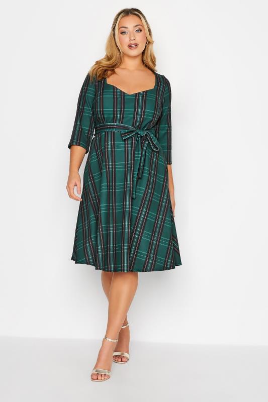 YOURS LONDON Curve Green Check Print Skater Dress | Yours Clothing  2