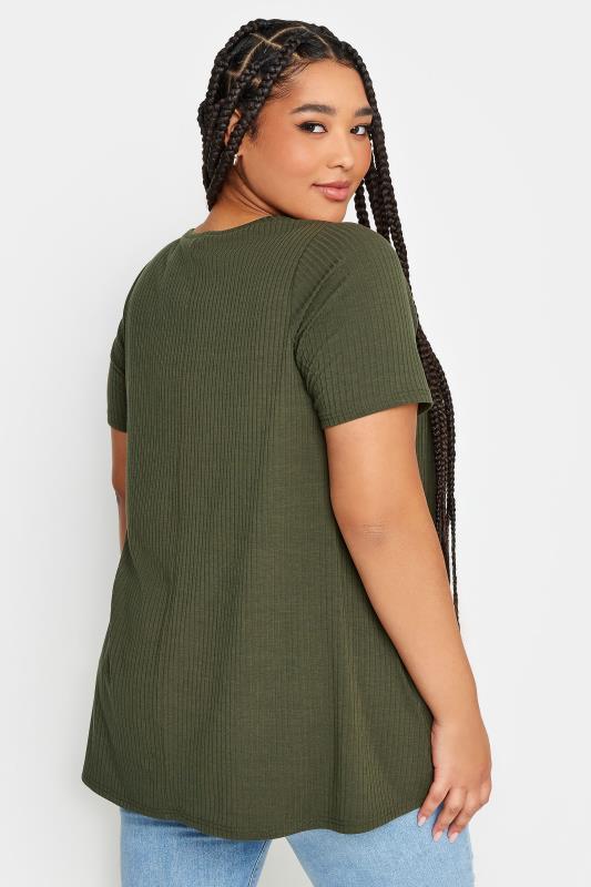 YOURS Plus Size Khaki Green Ribbed Cut Out T-Shirt | Yours Clothing 3