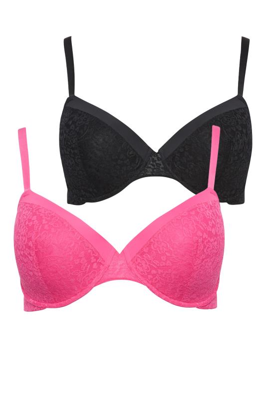 YOURS 2 PACK Plus Size Pink & Black Floral Lace Padded Plunge Bra | Yours Clothing  5