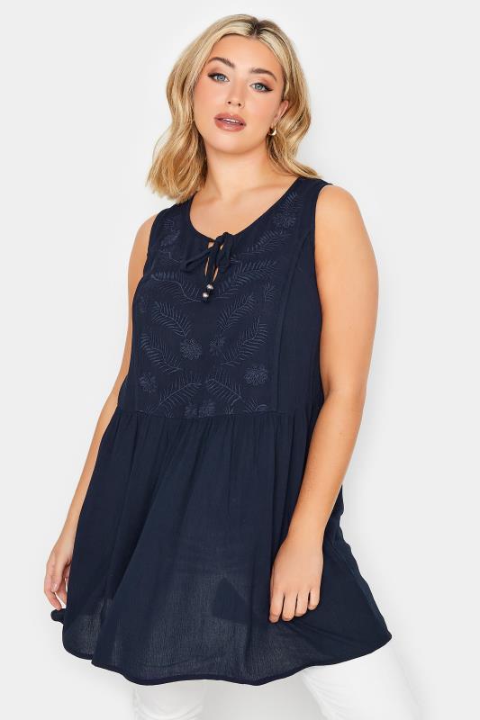 Plus Size  YOURS Curve Navy Blue Embroidered Peplum Vest Top