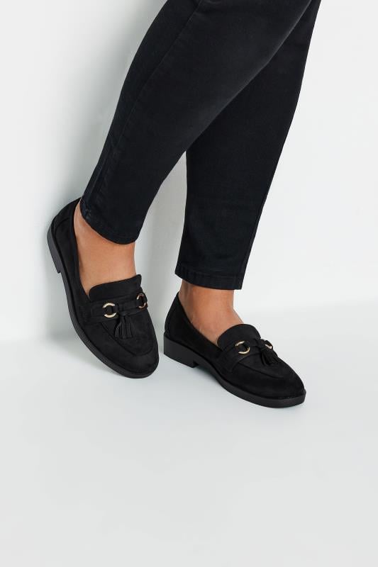 Black Faux Suede Tassel Detail Loafers In Extra Wide EEE Fit | Yours Clothing 1