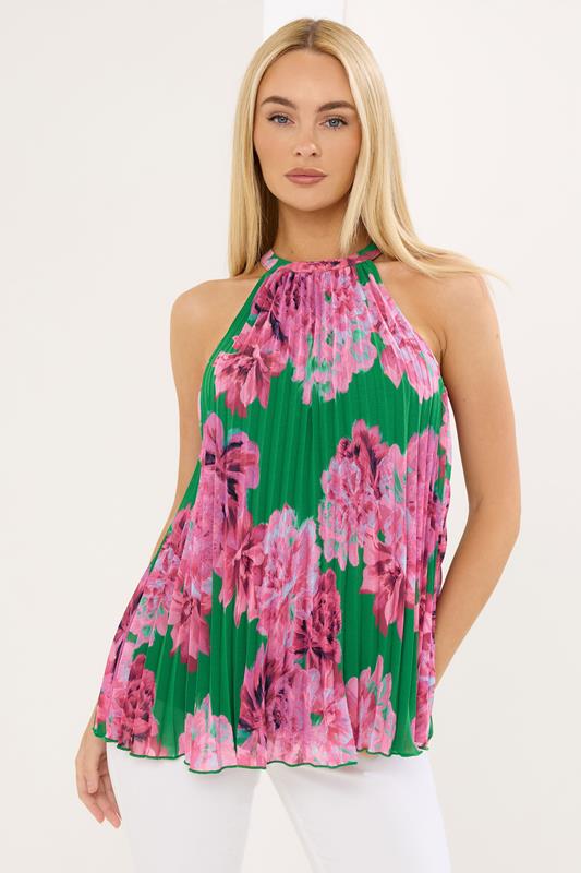  STAR Green Floral Pleated Halterneck Top