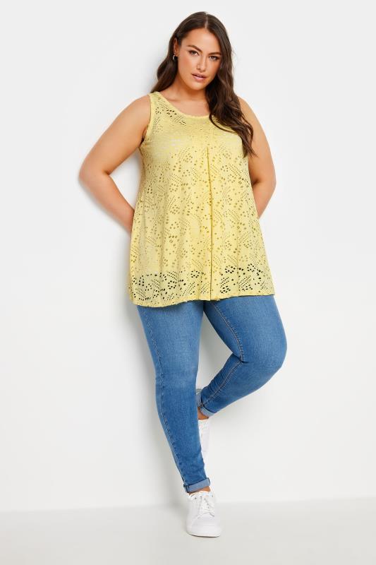 YOURS Plus Size Yellow Broderie Anglaise Swing Vest Top | Yours Clothing 2