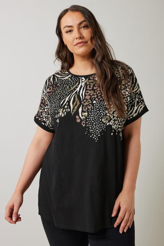 EVANS Plus Size Black Mixed Animal Print T-Shirt | Evans 5