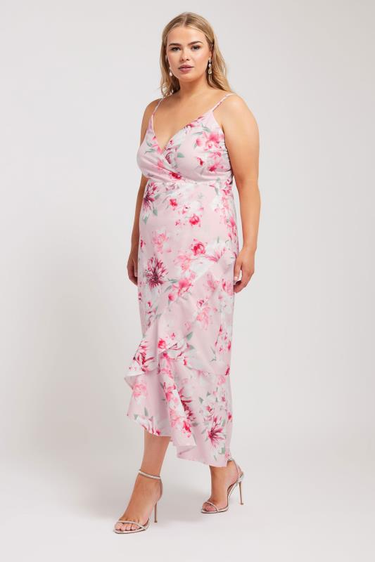 YOURS LONDON Plus Size Pink Floral Print Ruffle Wrap Dress | Yours Clothing 2