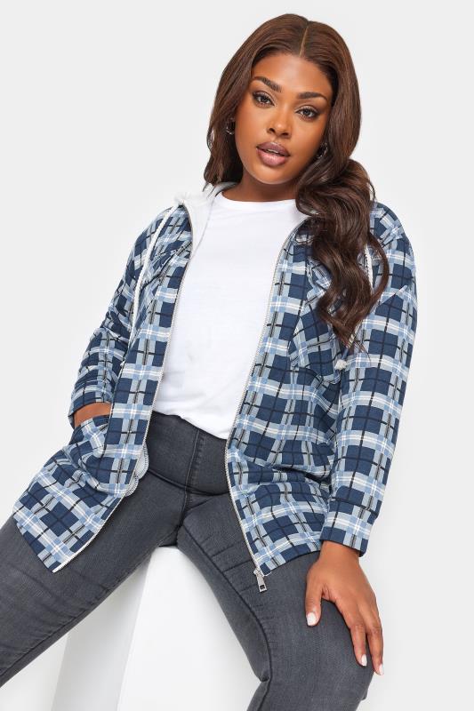 Plus Size  YOURS Curve Blue Check Zip Through Hooded Shacket