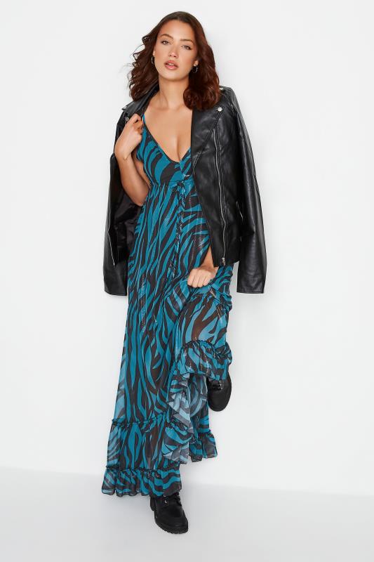 LTS Tall Women's Blue Animal Print Shimmer Frill Detail Maxi Dress | Long Tall Sally 5
