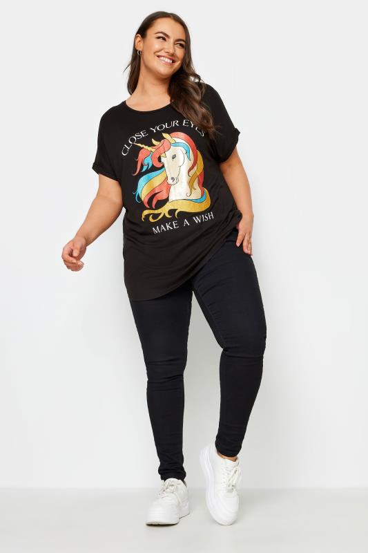 YOURS Plus Size Black Unicorn Wish Glitter Embellished T-Shirt | Yours Clothing 2