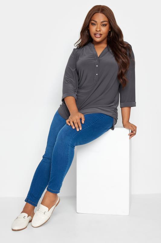YOURS Curve Plus Size Grey Half Placket Shirt | Yours Clothing  2