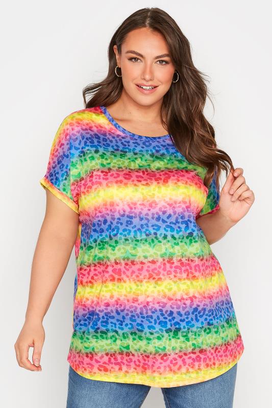  dla puszystych Curve Yellow & Pink Rainbow Stripe Leopard Print T-Shirt