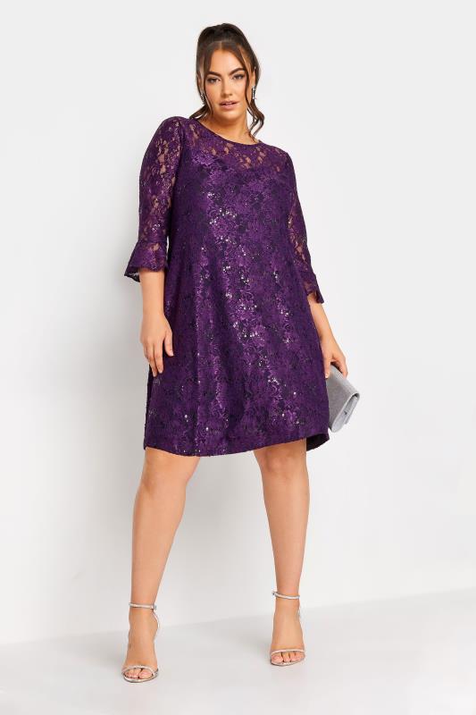 YOURS Plus Size Purple Lace Sequin Embellished Swing Dress | Yours Clothing 1