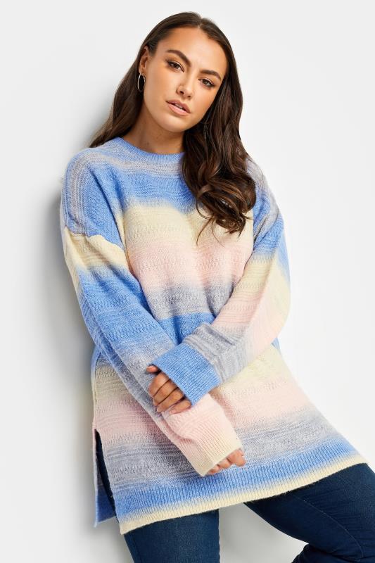 YOURS Plus Size Blue Stripe Side Split Knitted Jumper | Yours Clothing 1